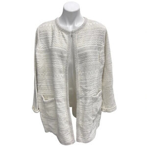 Talbots Woman Petites Ivory Metallic Stripe Textured
Knit Open Front Cardigan